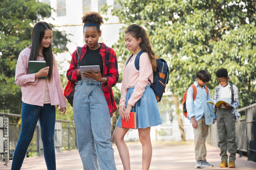 Fototapeta premium Student girl use tablet with friend look at tablet in school park