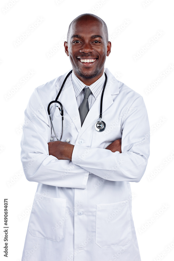 Ill have to fit as a fiddle. Cropped portrait of a male doctor standing with his arms folded against a white background. Ill have to fit as a fiddle. Cropped portrait of a male doctor standing with his arms folded against a white background.