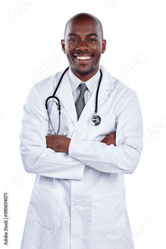 Ill have to fit as a fiddle. Cropped portrait of a male doctor standing with his arms folded against a white background.