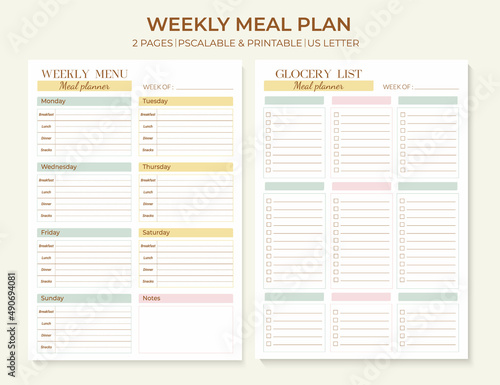Minimalist Weekly Meal Planner printable template. Meal planning and groceries list. Healthy meal plan for diet and food. Vector template.