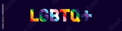 LGBTQ Pride Banner. LGBTQ+ Typography with Rainbow Flag Stripe Pattern Isolated on Dark Blue Background. 