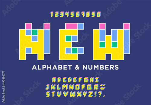 Colorful flat pixel alphabet, stained glass font, mosaic. Retro pixel font. Letters and numbers in the style of 80s, 90s. Flat digital pixel style. Vector illustration.