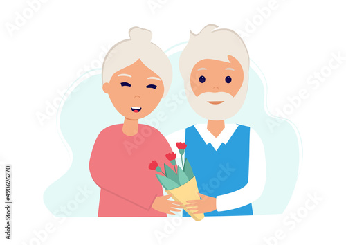 Old couple. Senior man giving flowers to his wife. Happy pensioners together. International Day of Older Persons. Vector illustration in flat style