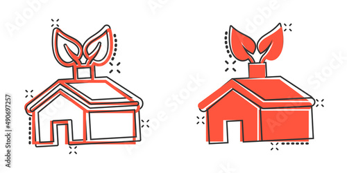 Ecology home icon in comic style. House with leaf cartoon vector illustration on white isolated background. Botanical building splash effect sign business concept.