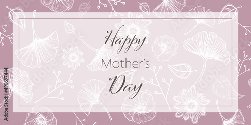 Happy Mothers day banner - hand drawn doodle illustration - floral theme in pastel colors