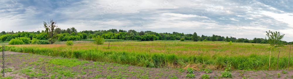 Ros River valley summer rural landscape panorama, Ukraine.