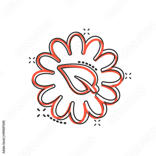Leaf and chamomile icon in comic style. Flower with plant cartoon vector illustration on white isolated background. Eco power splash effect sign business concept. © Lysenko.A