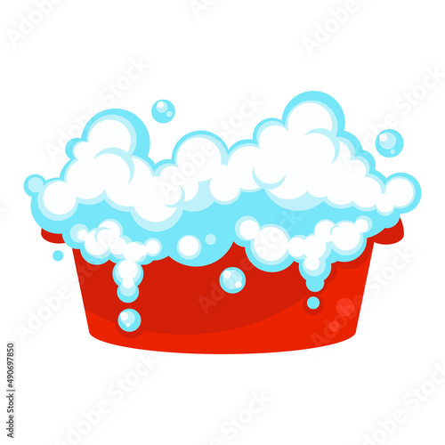 A basin with a soapy solution for washing clothes. Vector flat illustration.