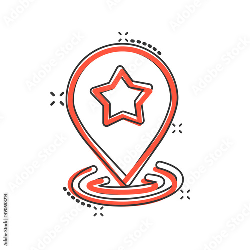 Map pin icon in comic style. GPS navigation cartoon vector illustration on white isolated background. Locate position splash effect business concept.