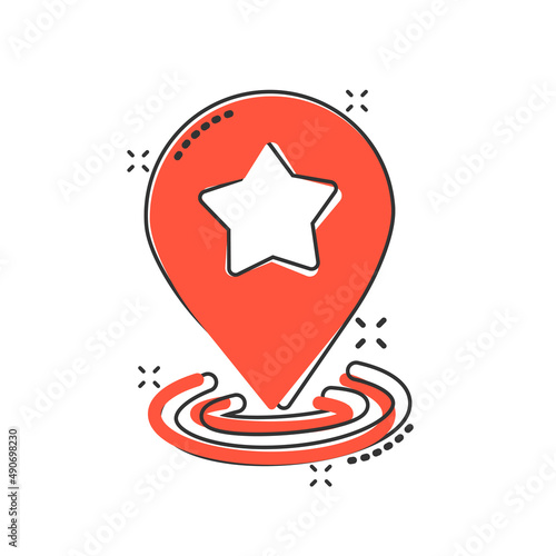 Map pin icon in comic style. GPS navigation cartoon vector illustration on white isolated background. Locate position splash effect business concept.