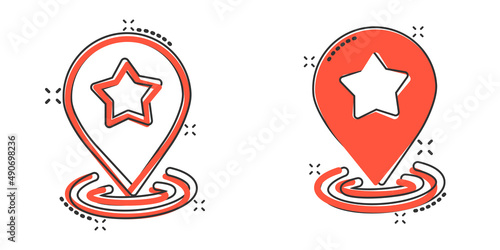 Map pin icon in comic style. GPS navigation cartoon vector illustration on white isolated background. Locate position splash effect business concept.