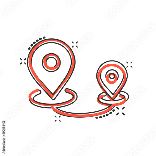 Map pin icon in comic style. GPS navigation cartoon vector illustration on white isolated background. Locate position splash effect business concept.
