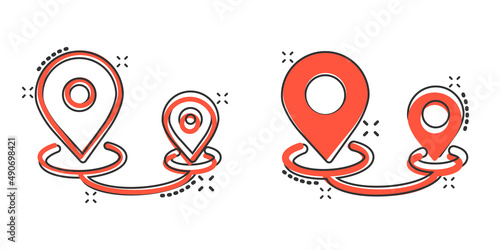 Map pin icon in comic style. GPS navigation cartoon vector illustration on white isolated background. Locate position splash effect business concept.