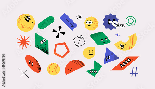 Set of vector big-eyed funny geometric objects and shapes with emotions on the face