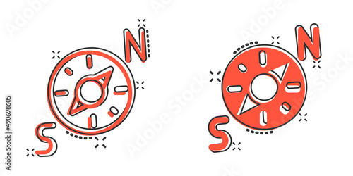 Compass icon in comic style. Navigation equipment cartoon vector illustration on white isolated background. Journey direction splash effect business concept.