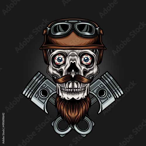 biker skull head with piston vector illustration