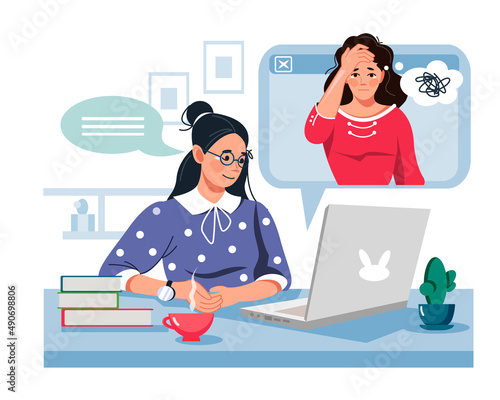 A female psychotherapist conduct an individual online session with her patient. Vector concept of psychological help online, social therapy. Working with feelings and emotions via the Internet