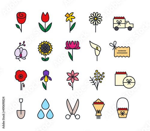 Garden flowers and field flowers icon set. Isolated vector icons. Home gardening, flowers shop and flowers delivery