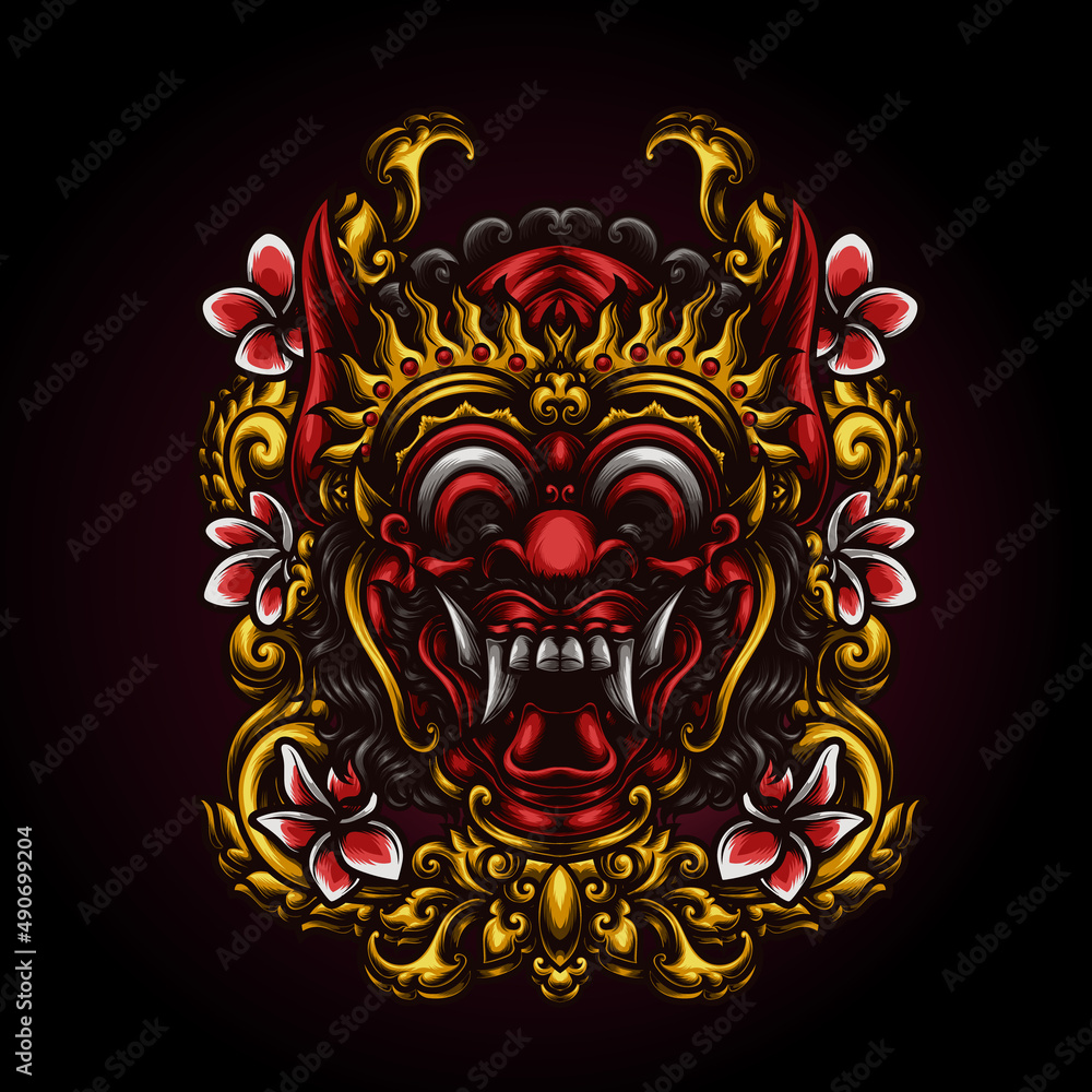 Balinese demon mask with carved ornament vector illustration
