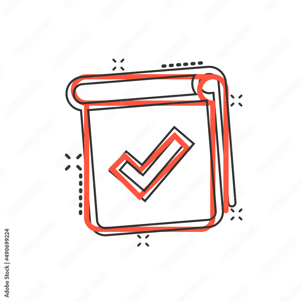 Document checklist icon in comic style. Report cartoon vector illustration on white isolated background. Paper sheet splash effect business concept. Document checklist icon in comic style. Report cartoon vector illustration on white isolated background. Paper sheet splash effect business concept.
