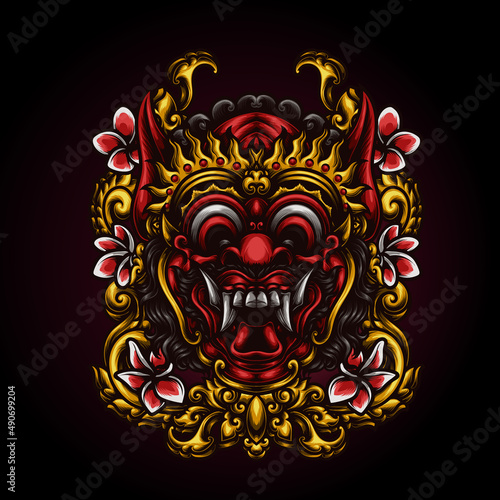 Balinese demon mask with carved ornament vector illustration