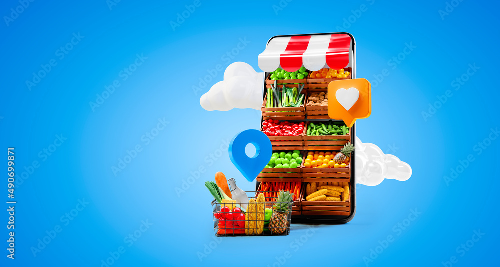 Food delivery app fast service. Background concept of smartphone online shop with healthy fruits and vegetable. 