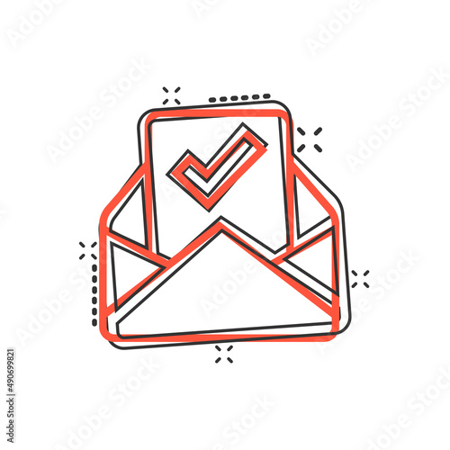 Envelope with confirmed document icon in comic style. Verify cartoon vector illustration on white isolated background. Receive splash effect business concept.