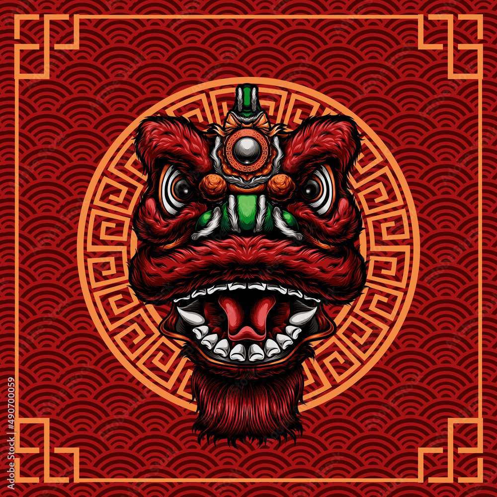 lion dance on chinese background vector illustration