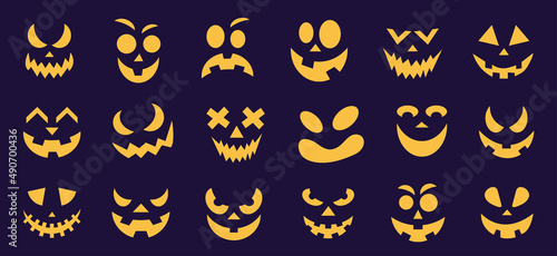 Scary and funny faces of Halloween pumpkin or ghost on lilac background. Vector illustration.