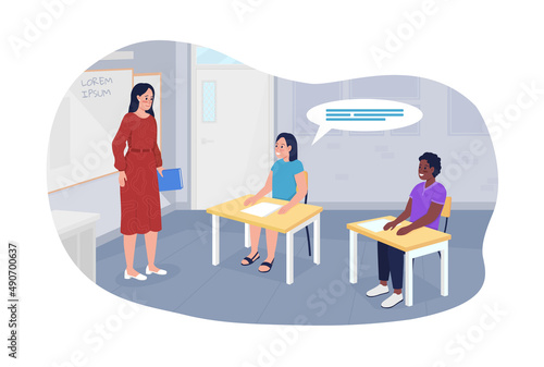 School class 2D vector isolated illustration. Female teacher and pupils flat characters on cartoon background. Acquire knowledge. Classroom colourful scene for mobile, website, presentation