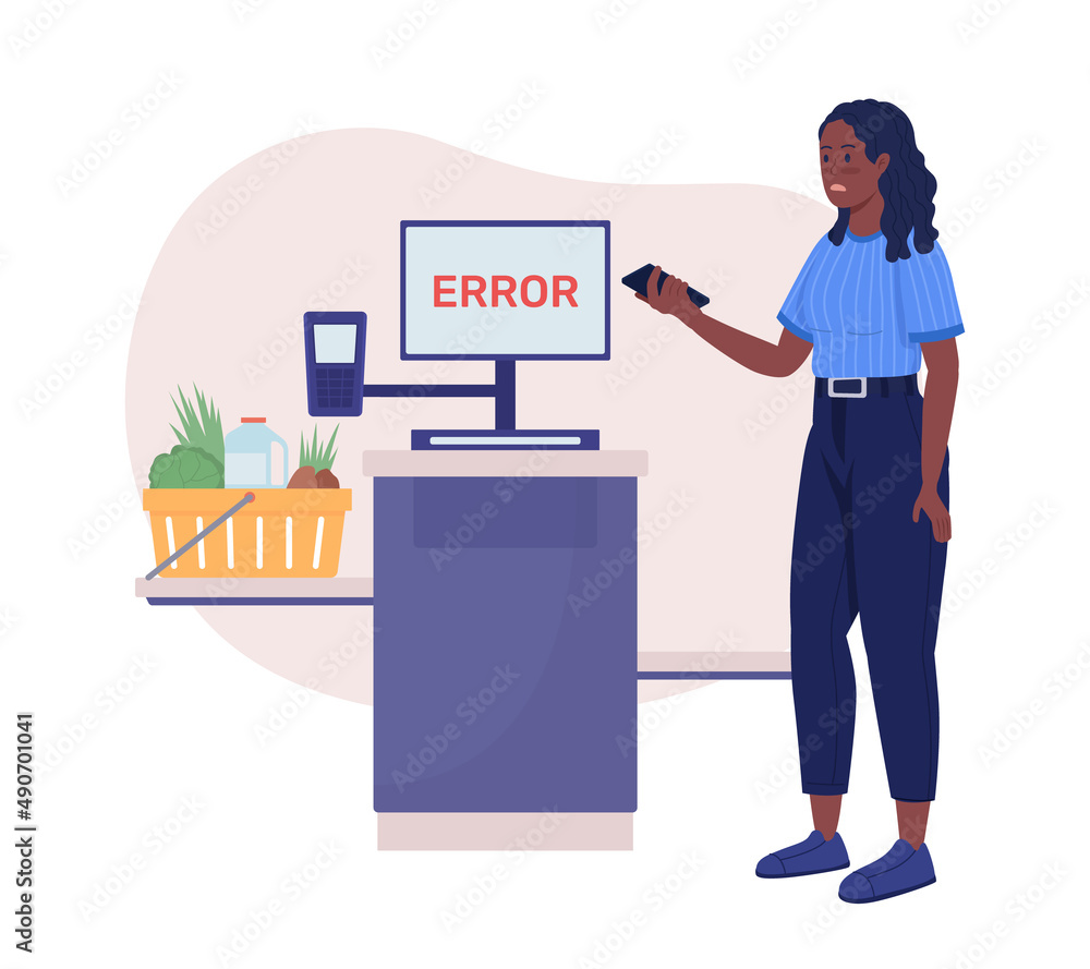 Self check out error 2D vector isolated illustration. Lack of money. Market buyer flat character on cartoon background. Grocery payment error colourful scene for mobile, website, presentation Self check out error 2D vector isolated illustration. Lack of money. Market buyer flat character on cartoon background. Grocery payment error colourful scene for mobile, website, presentation
