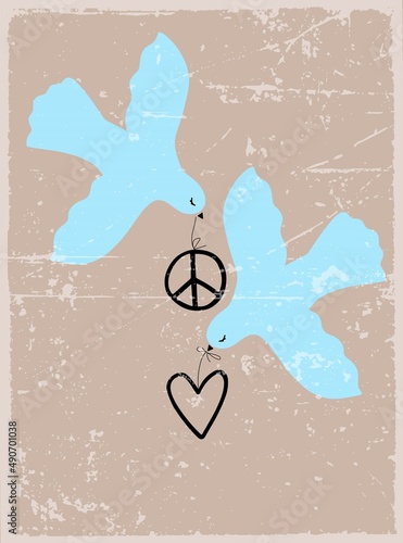 Vector image with dove of peace, peace and love signs with vintage texture	