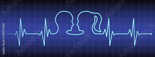 Cardio diagnosis line, man, woman head, love couple line art vector. Heart rhythm ekg vector design to use in love, healthy lifestyle, emotion, family concept illustration projects.
