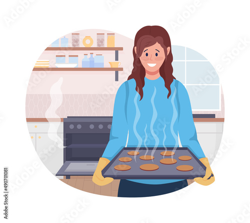 Lady baking cookies 2D vector isolated illustration. Happy woman preparing food flat character on cartoon background. Cooking dessert colourful scene for mobile, website, presentation