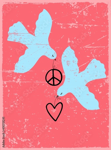 Vector image with dove of peace, peace and love signs with vintage texture	