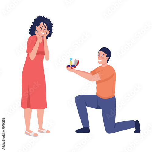 Man proposing to his beloved woman semi flat color vector characters. Couple in love. Full body people on white. Engagement simple cartoon style illustration for web graphic design and animation