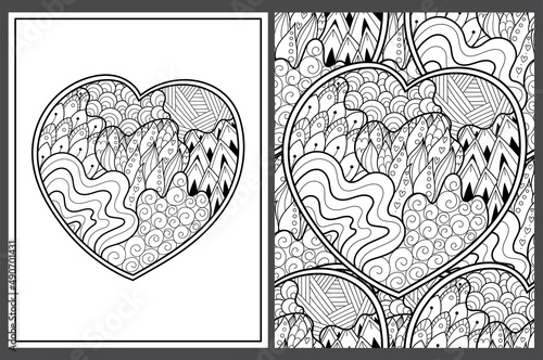 Cute zentangle floral heart coloring pages set in US Letter format. Black and white love patterns for antistress coloring book. Valentine’s Day mandala. Vector illustration