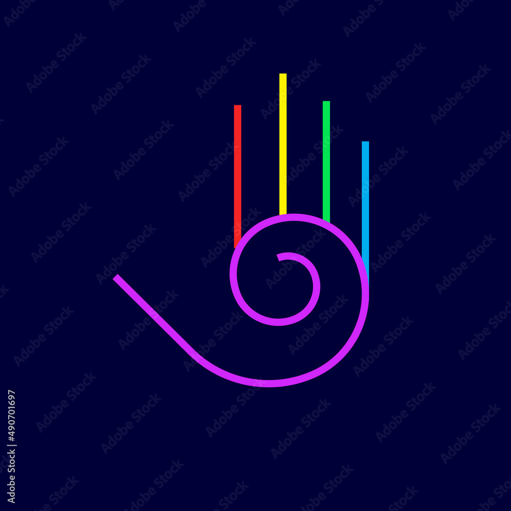 Illustration of Abstract Stylized Colored Hand with Five Fingers, and Spiral Design Element on Dark Background Illustration of Abstract Stylized Colored Hand with Five Fingers, and Spiral Design Element on Dark Background