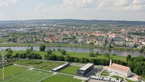 Aerial drone flight over Sportpark Ostra in Dresden photo