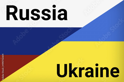 Ukraine vs Russia in world war crisis concept. Clash and military war conflict between Ukrainian and Russian country and nation. Flags of the two countries. Peace, no war, flag symbols