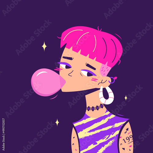Portrait of a sad pink-haired woman with chewing gum and tattoos. Avatar of a young girl for a social network. Vector illustration in flat style
