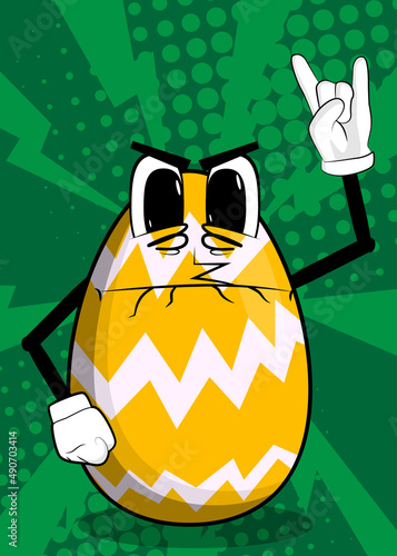 Easter Egg with hands in rocker pose. Cartoon character with funny face for the Easter holiday.