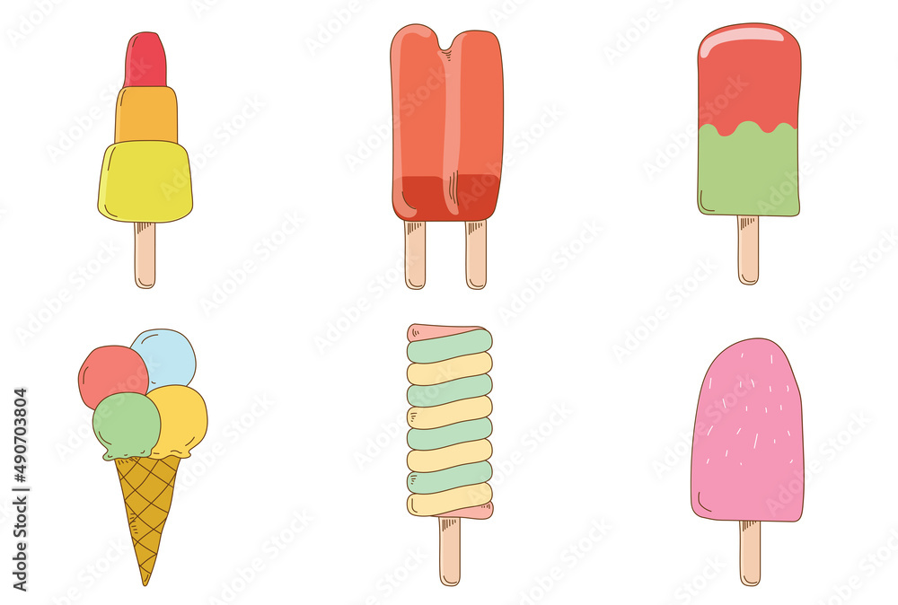 Set of cute ice creams isolated hand drawing flat vector illustration Set of cute ice creams isolated hand drawing flat vector illustration