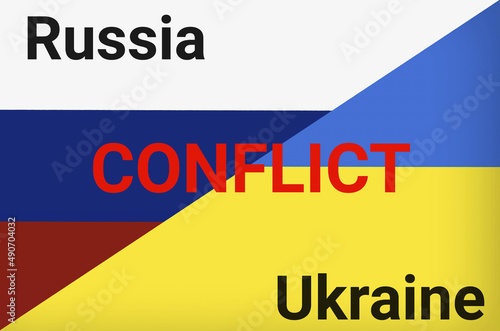 Ukraine vs Russia in world war crisis concept. Clash and military war conflict between Ukrainian and Russian country and nation. Flags of the two countries. Peace, no war, flag symbols