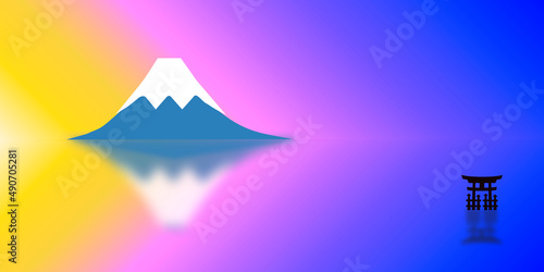 富士山の後ろから昇る初日の出と湖に浮かぶ鳥居のイラスト。お正月のコンセプト。