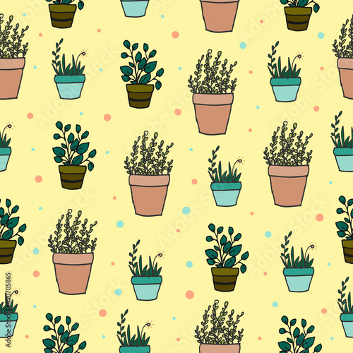 rustic houseplant background. beautiful decorative potted plant illustration on yellow background. hand drawn vector. seamless pattern with flowerpot. art for wallpaper, wrapping paper, fabric,textile