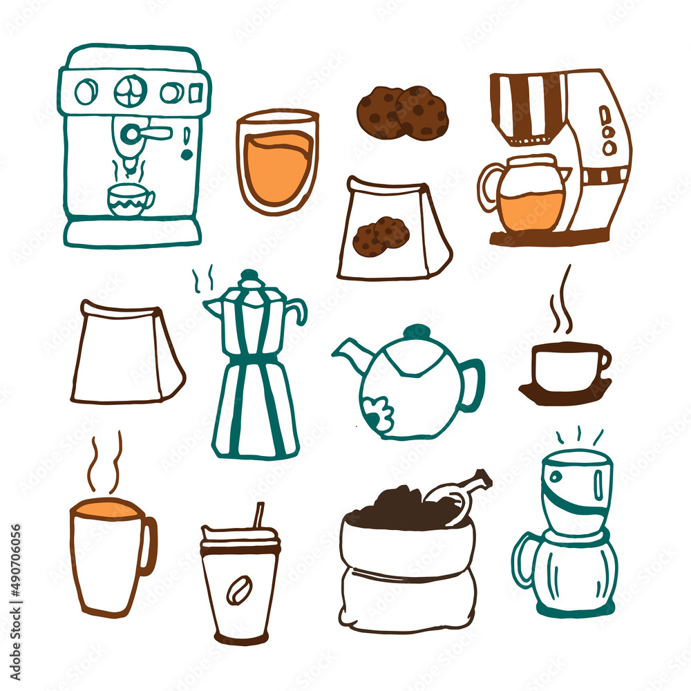 Obraz premium set of coffee icon on white background. coffee maker, machine, coffee beans, teapot, chocolate cookies, paper bag, cup and glass of coffee. hand drawn vector. doodle art for logo, sticker, clipart. 