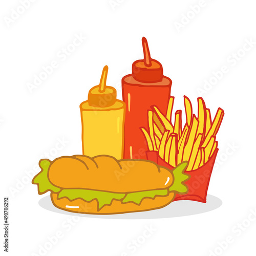 set of fast food icon. french fries, sandwich, mustard and ketchup bottles illustration. hand drawn vector. doodle art for wallpaper, logo, poster, banner, advertising, flyer. american food, calories.