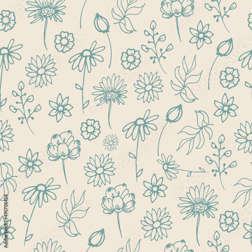 nature monochrome background. vintage style. seamless pattern with flower and leaf illustration isolated on pastel color. hand drawn vector. wallpaper, wrapping paper and gift, fabric, textile. 