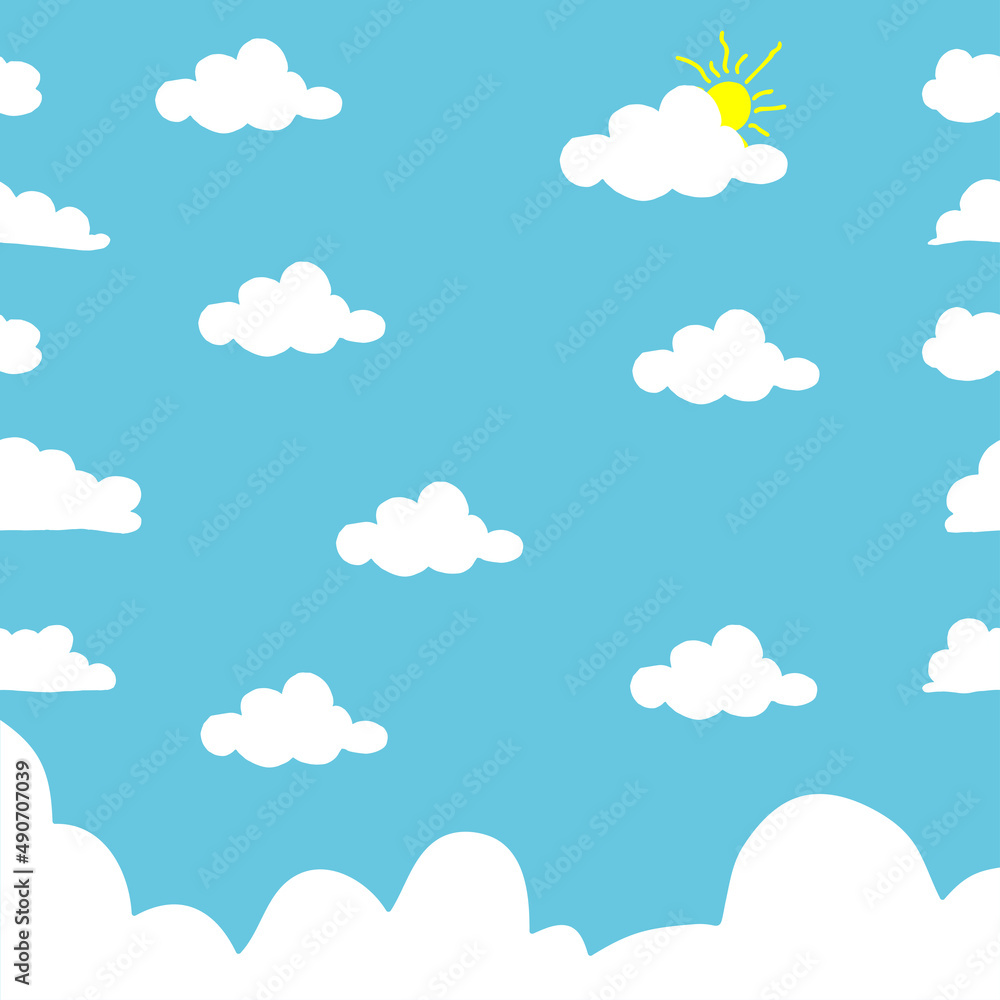 white cloud with sun illustration on blue sky background. hand drawn vector, seamless pattern. clean sky, sunny day. doodle art for wallpaper, fabric, baby clothes, wall decoration, wrapping paper. 